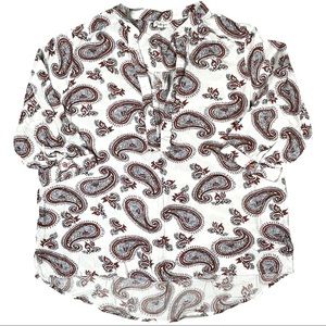 Antilia Femme size large cream red blue paisley 3/4 sleeve top deep Vneck EUC